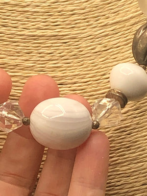 Vintage dauplaise Beaded necklace white swirl barrel and clear acrylic Lucite Silvertone Costume cocktail