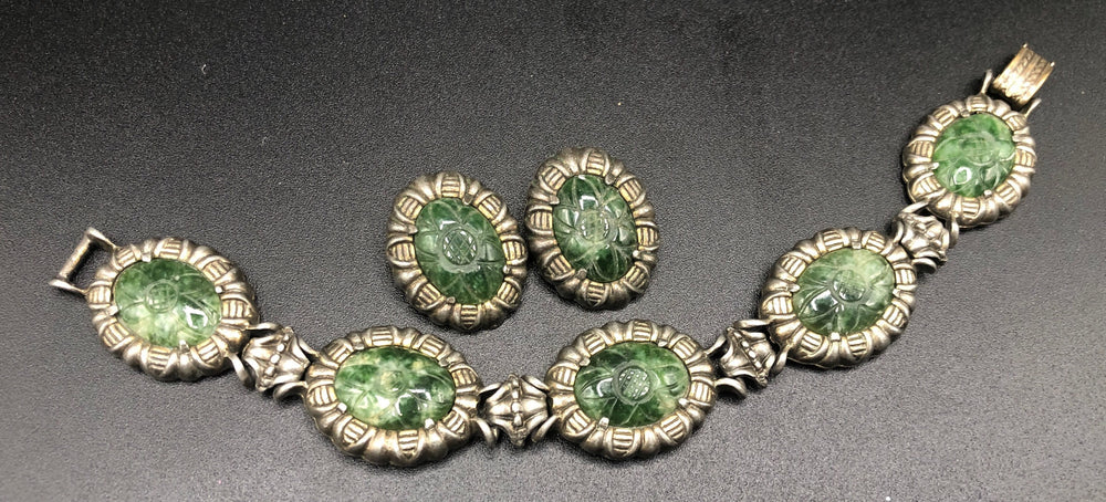 Stunning Antique Vintage Carved Nephrite Jade Cabochons Link Bracelet and Clip on Earrings Unique