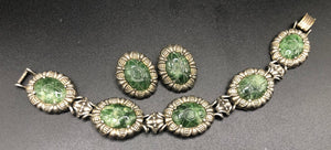 Stunning Antique Vintage Carved Nephrite Jade Cabochons Link Bracelet and Clip on Earrings Unique