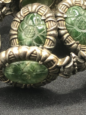 Stunning Antique Vintage Carved Nephrite Jade Cabochons Link Bracelet and Clip on Earrings Unique