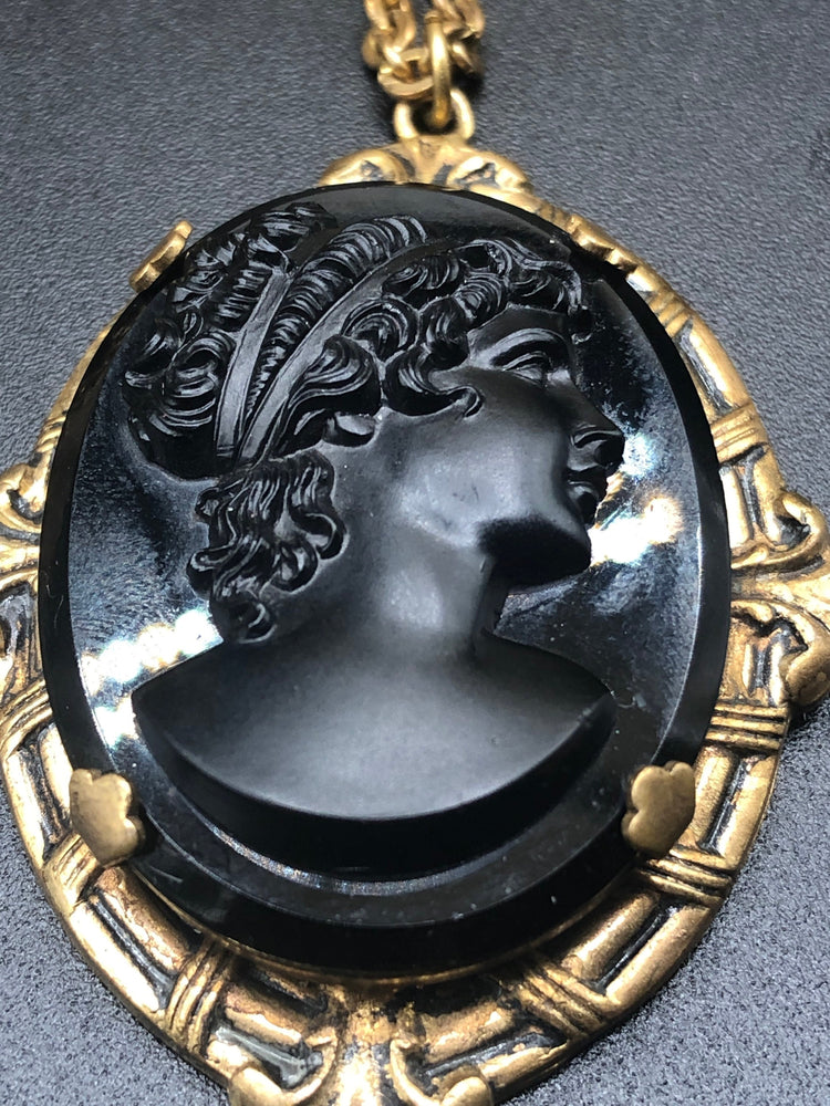 antique art deco black molded glass cameo lady  gold filled chain pendant necklace beautiful piece Victorian revival