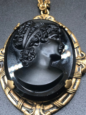 antique art deco black molded glass cameo lady  gold filled chain pendant necklace beautiful piece Victorian revival