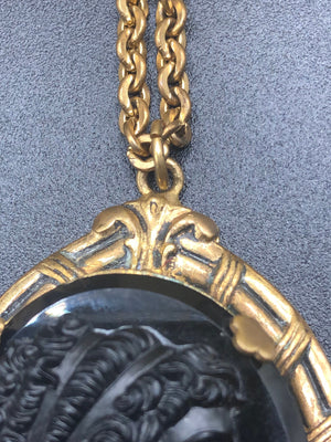 antique art deco black molded glass cameo lady  gold filled chain pendant necklace beautiful piece Victorian revival