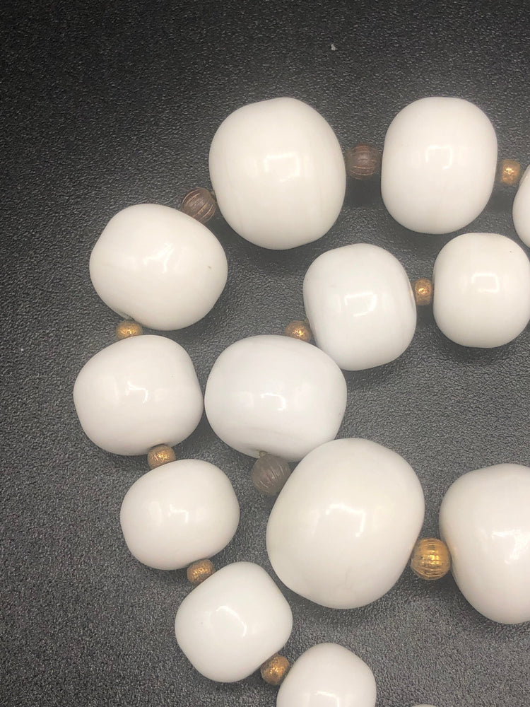 Antique art deco milk glass beaded necklace and bracelet graduated size brass beads sterling silver clasp set rare big beads