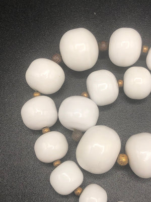 Antique art deco milk glass beaded necklace and bracelet graduated size brass beads sterling silver clasp set rare big beads