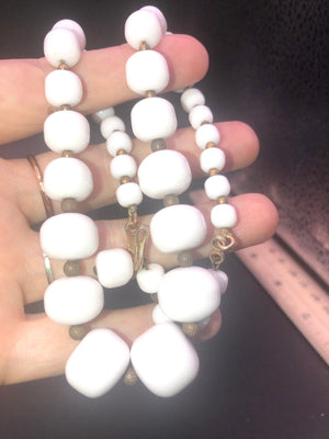 Antique art deco milk glass beaded necklace and bracelet graduated size brass beads sterling silver clasp set rare big beads