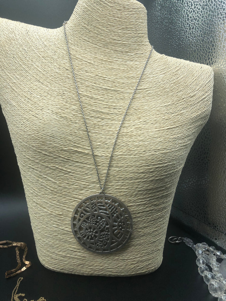 Antique art nouveau large floral circle round pendant Poinsettia Art deco silver and sterling silver chain atlas