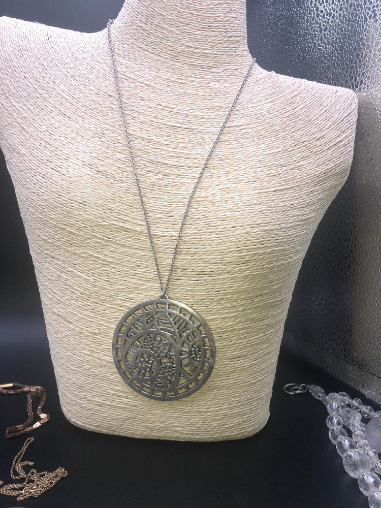 Antique art nouveau large floral circle round pendant Poinsettia Art deco silver and sterling silver chain atlas