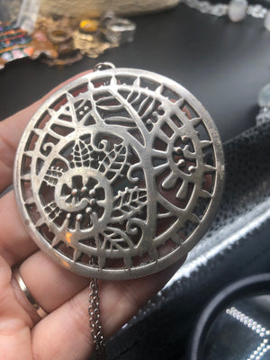 Antique art nouveau large floral circle round pendant Poinsettia Art deco silver and sterling silver chain atlas