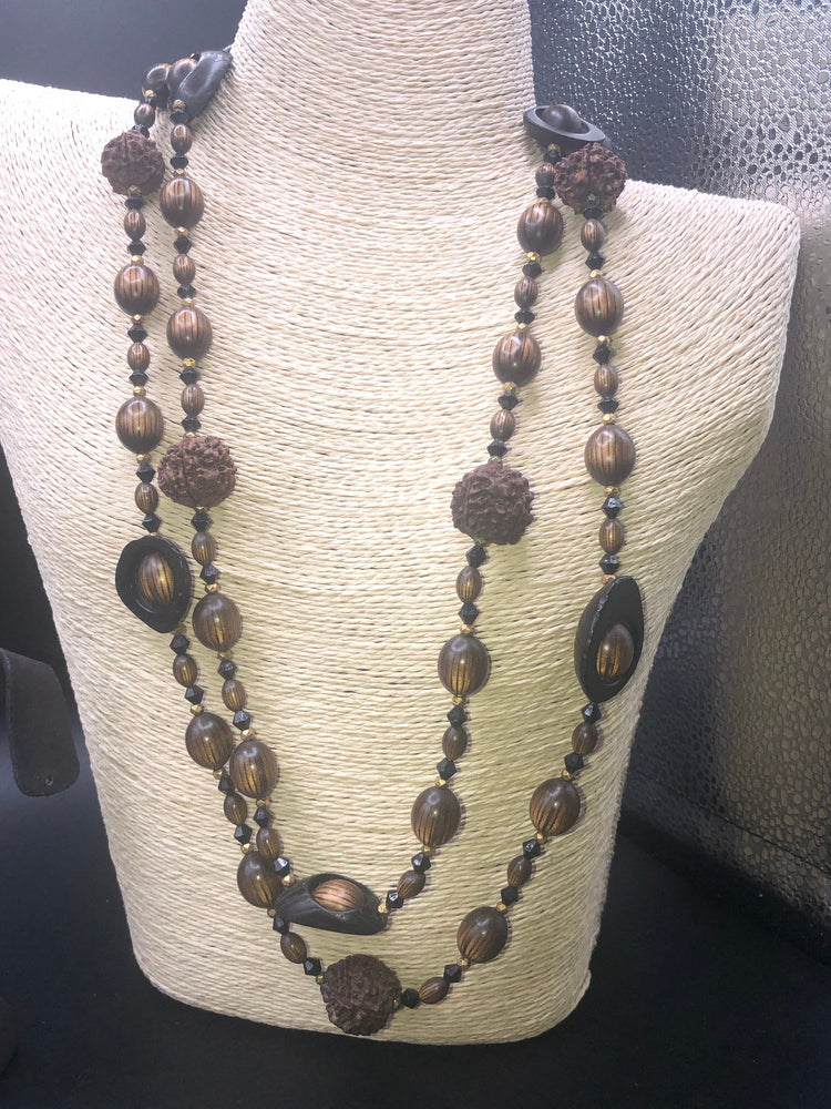 Antique Vintage multi strand custom necklace made with genuine seeds large Rudraksha And black walnut slices beautiful cocktail necklace