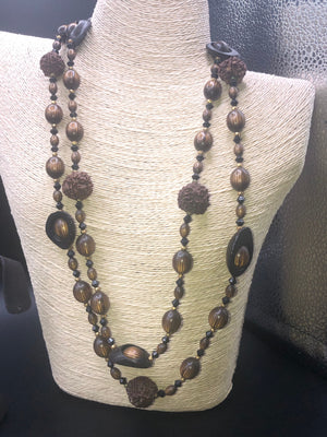 Antique Vintage multi strand custom necklace made with genuine seeds large Rudraksha And black walnut slices beautiful cocktail necklace