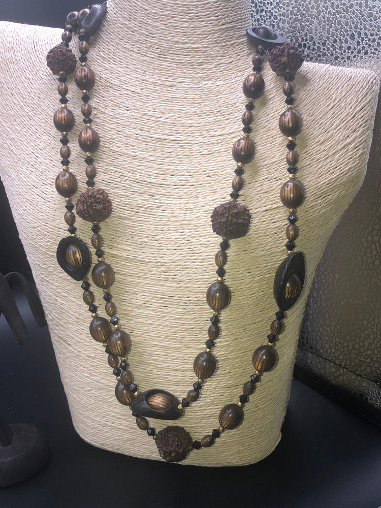 Antique Vintage multi strand custom necklace made with genuine seeds large Rudraksha And black walnut slices beautiful cocktail necklace
