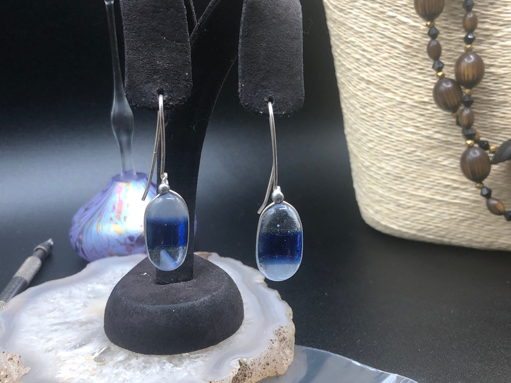 Vintage clear and cobalt blue glass earrings sterling silver hook ear wires Unique and beautiful. Murano
