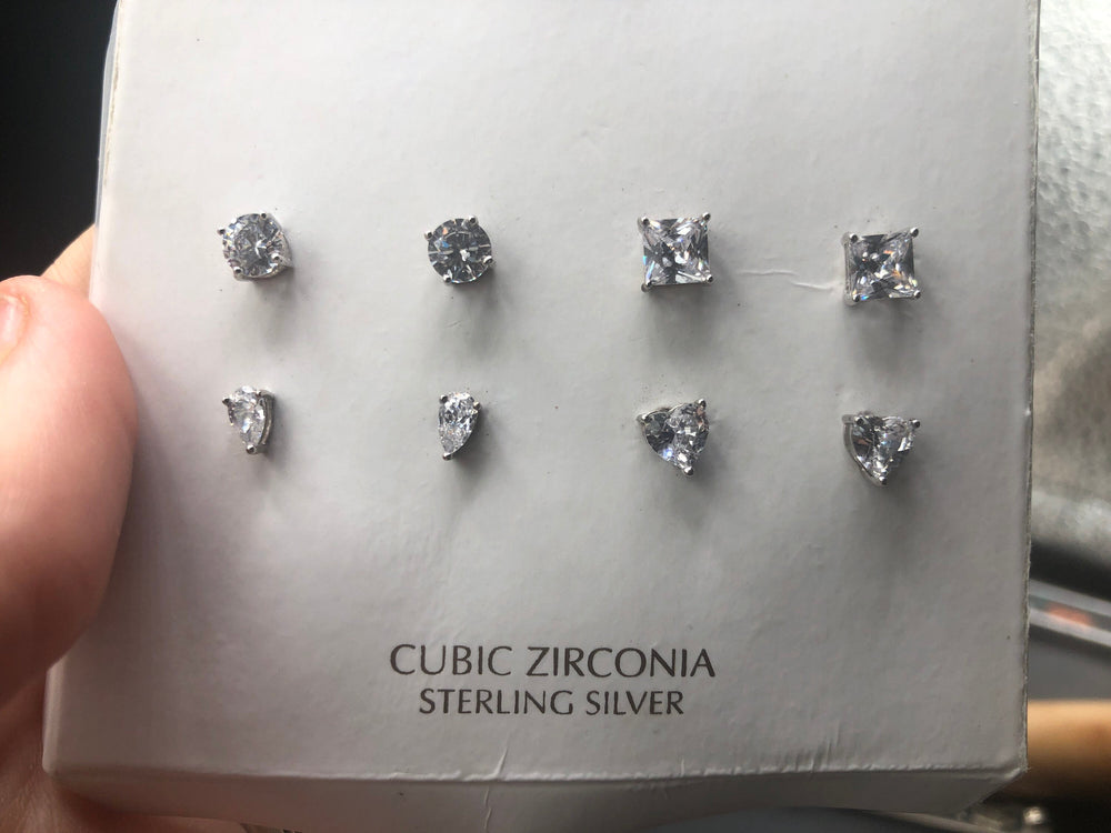 Gorgeous CZ earrings lot 4 pairs Brilliant round princess cut pear and heart shape new old stock 85
