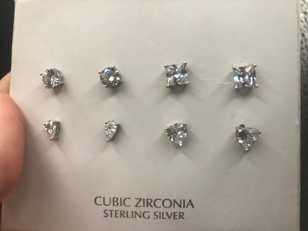 Gorgeous CZ earrings lot 4 pairs Brilliant round princess cut pear and heart shape new old stock 85