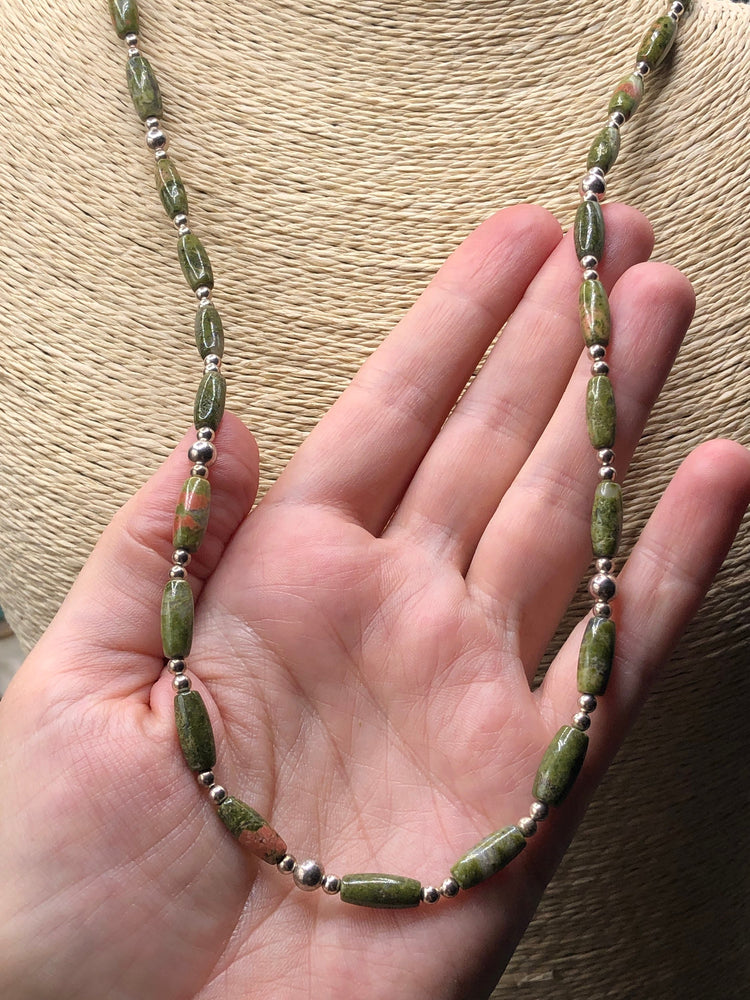 Vintage Unakite rock gemstone and sterling silver beaded necklace 23 inches long