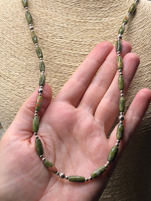 Vintage Unakite rock gemstone and sterling silver beaded necklace 23 inches long
