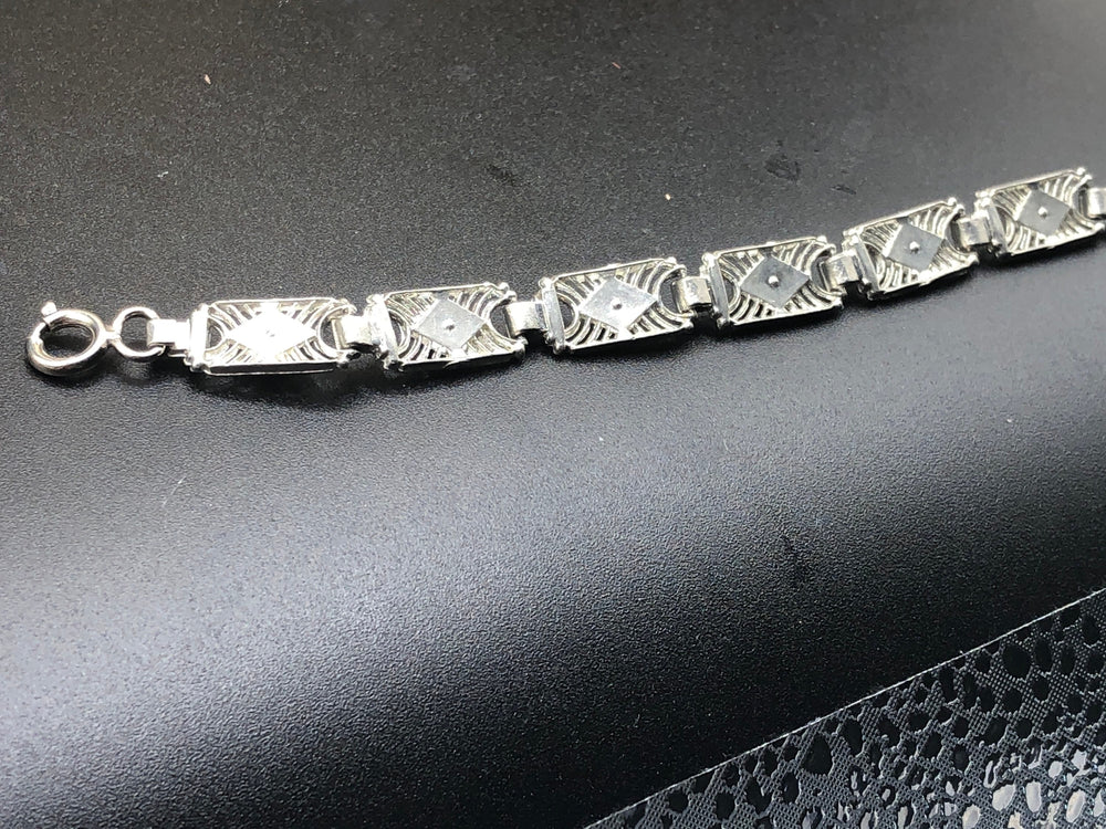 Vintage art deco rhinestone silver tone link bracelet 7 inch