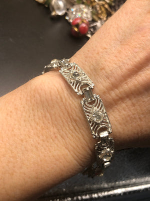 Vintage art deco rhinestone silver tone link bracelet 7 inch