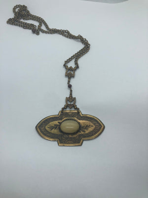 Antique vintage art deco Lavalier pendant necklace brass glass /gemstone beautiful etching Unique and unusual