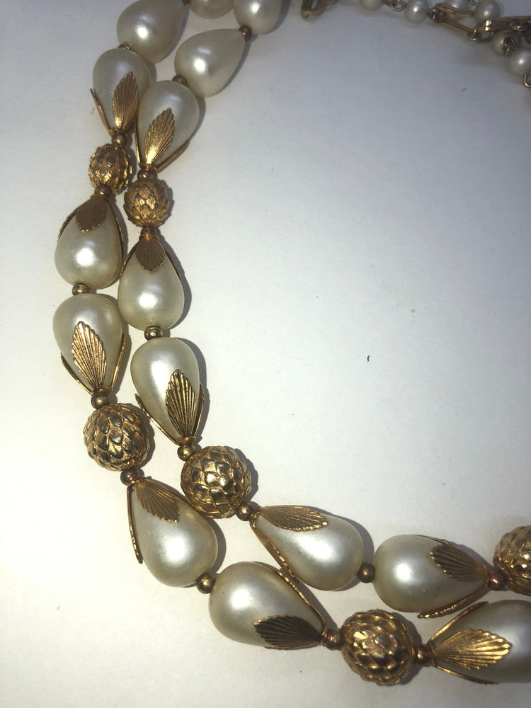 Vintage antique fake pearl Pinecone double strand necklace designer Deauville Costume beautiful