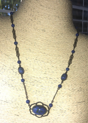 Stunning antique art deco speckled glass Czechoslovakian cobalt blue with green specks / swirls beaded Necklace Sterling silver 17.5 inches