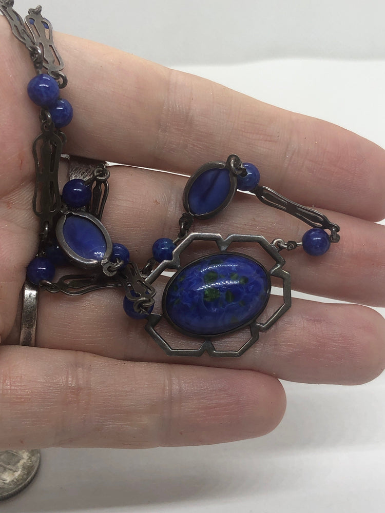 Stunning antique art deco speckled glass Czechoslovakian cobalt blue with green specks / swirls beaded Necklace Sterling silver 17.5 inches