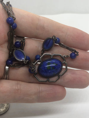 Stunning antique art deco speckled glass Czechoslovakian cobalt blue with green specks / swirls beaded Necklace Sterling silver 17.5 inches