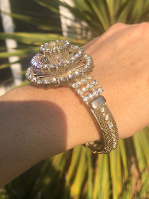 Stunning art deco rhinestone clamper bangle bracelet Silvertone mesh costume cocktail parties holidays Christmas Amazing!!