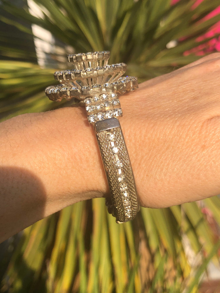 Stunning art deco rhinestone clamper bangle bracelet Silvertone mesh costume cocktail parties holidays Christmas Amazing!!