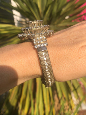 Stunning art deco rhinestone clamper bangle bracelet Silvertone mesh costume cocktail parties holidays Christmas Amazing!!