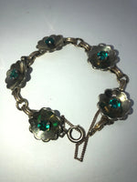 Beautiful Art Deco Antique Green Rhinestones Gold Filled 12kt GF Flowers Link Bracelets Harry Iskin