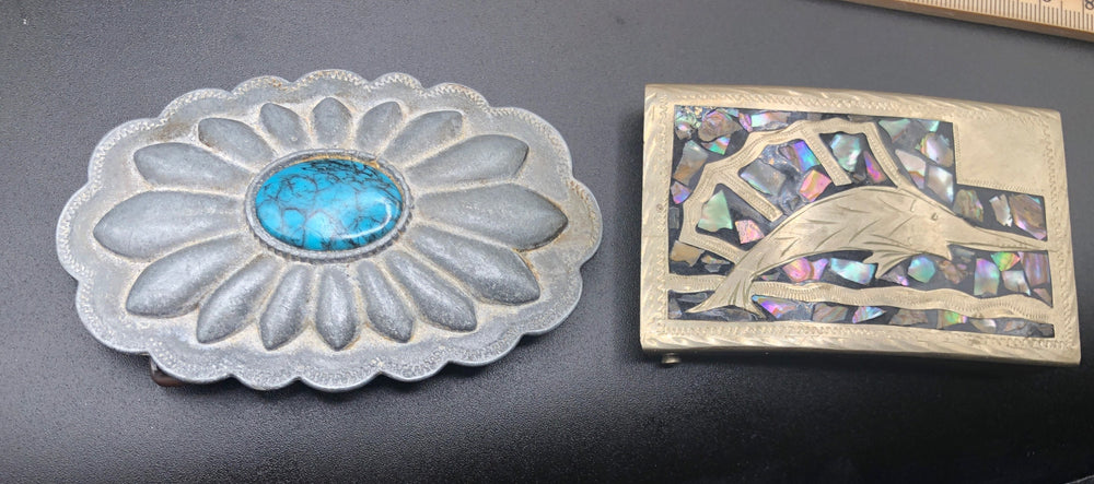 Vintage antique belt buckle lot Silvertone southwestern and South American Inlaid abalone swordfish/Marlin Faux turquoise men’s or women’s
