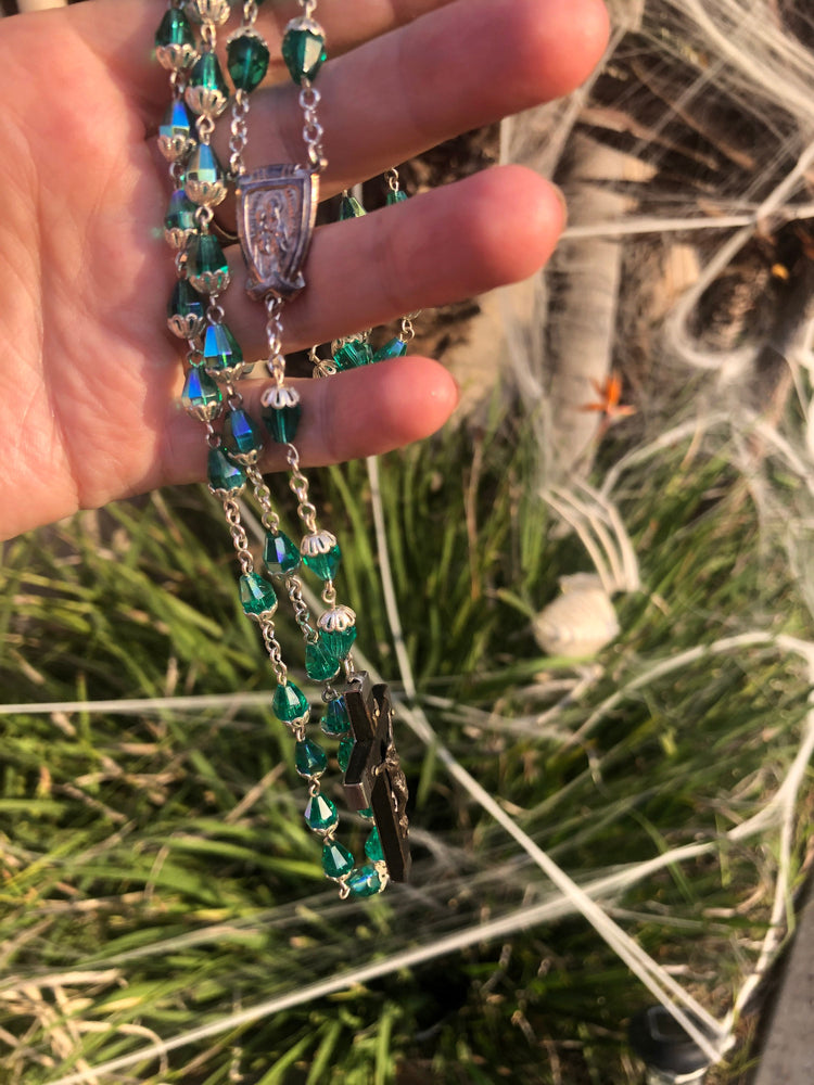 Vintage antique teal green blue faceted glass faceted crystal beaded rosary necklace Silver wood cross crucifix Art Deco Czechoslovakian ?