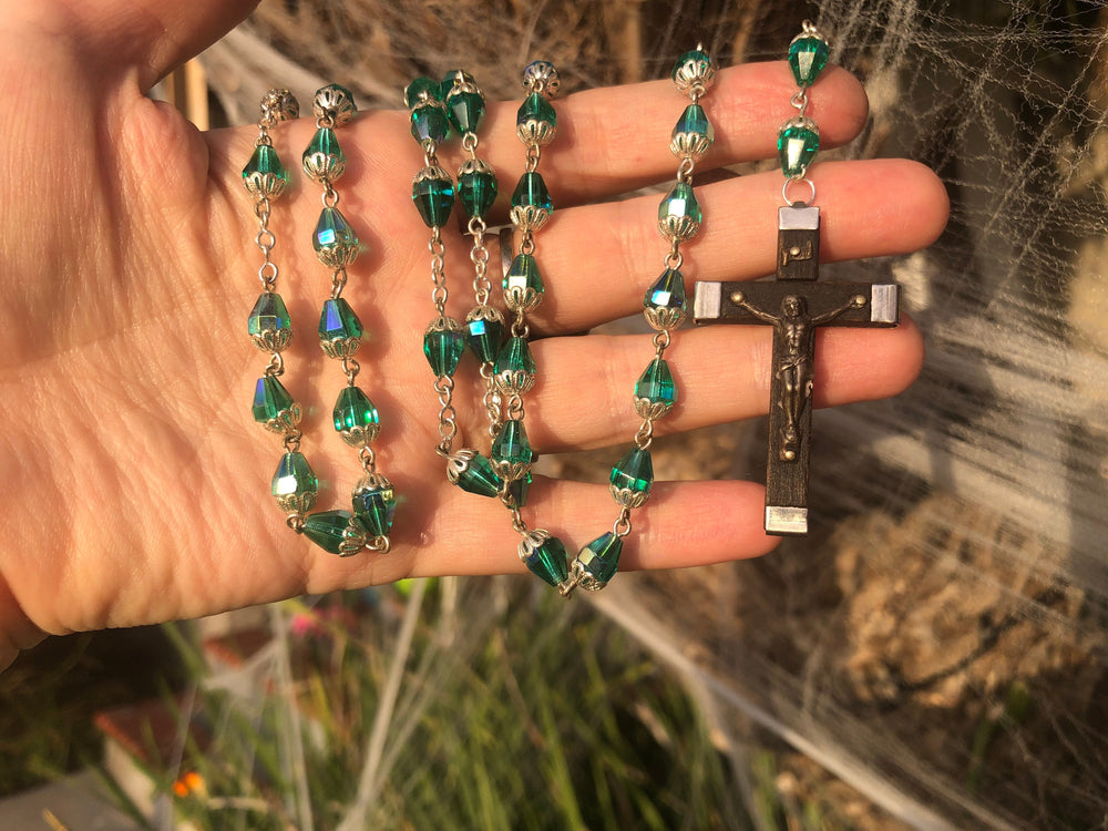 Vintage antique teal green blue faceted glass faceted crystal beaded rosary necklace Silver wood cross crucifix Art Deco Czechoslovakian ?