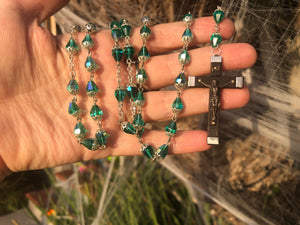 Vintage antique teal green blue faceted glass faceted crystal beaded rosary necklace Silver wood cross crucifix Art Deco Czechoslovakian ?
