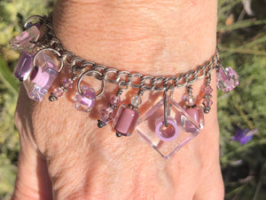 Vintage Murano glass Charms and beads geometric pink / purple bracelet and sterling silver chain  link Italian 925 Italy