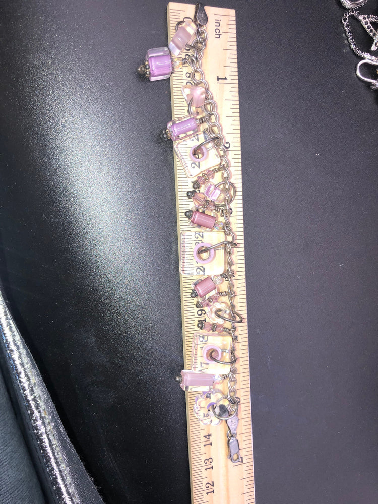 Vintage Murano glass Charms and beads geometric pink / purple bracelet and sterling silver chain  link Italian 925 Italy