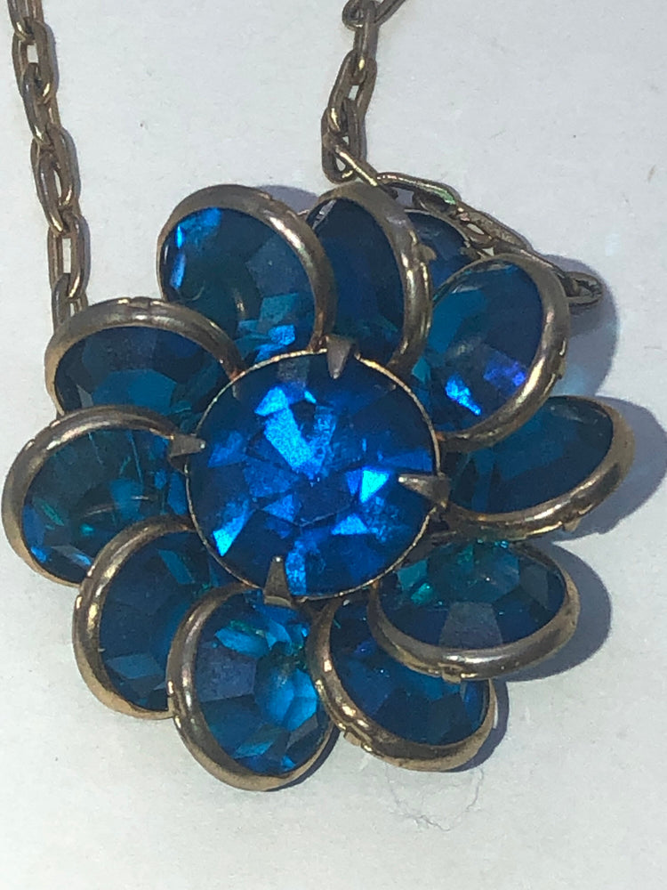 Rare Vintage antique Bezel set deep blue Swarovski? Crystals necklace  on gold filled chain with crystal flower absolutely stunning!!