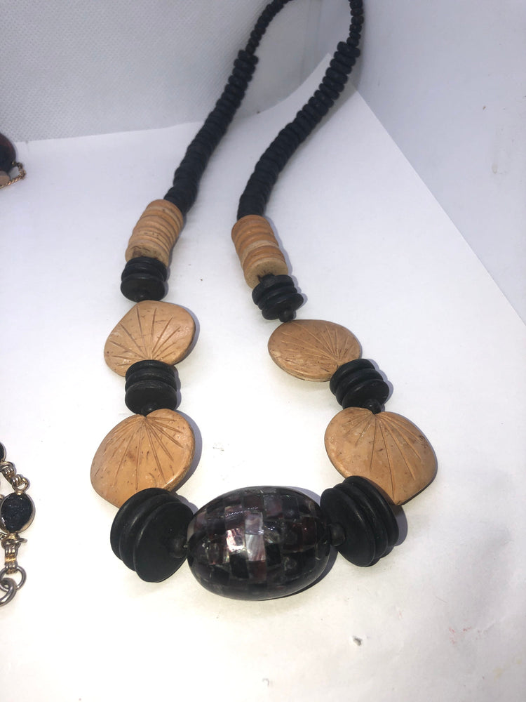 Unusual Beautiful Vintage Carved Wooden Leaf Beads And Huge Mosaic Tile Barrel Bead made of Shell
