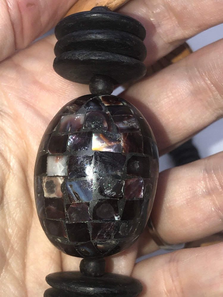 Unusual Beautiful Vintage Carved Wooden Leaf Beads And Huge Mosaic Tile Barrel Bead made of Shell