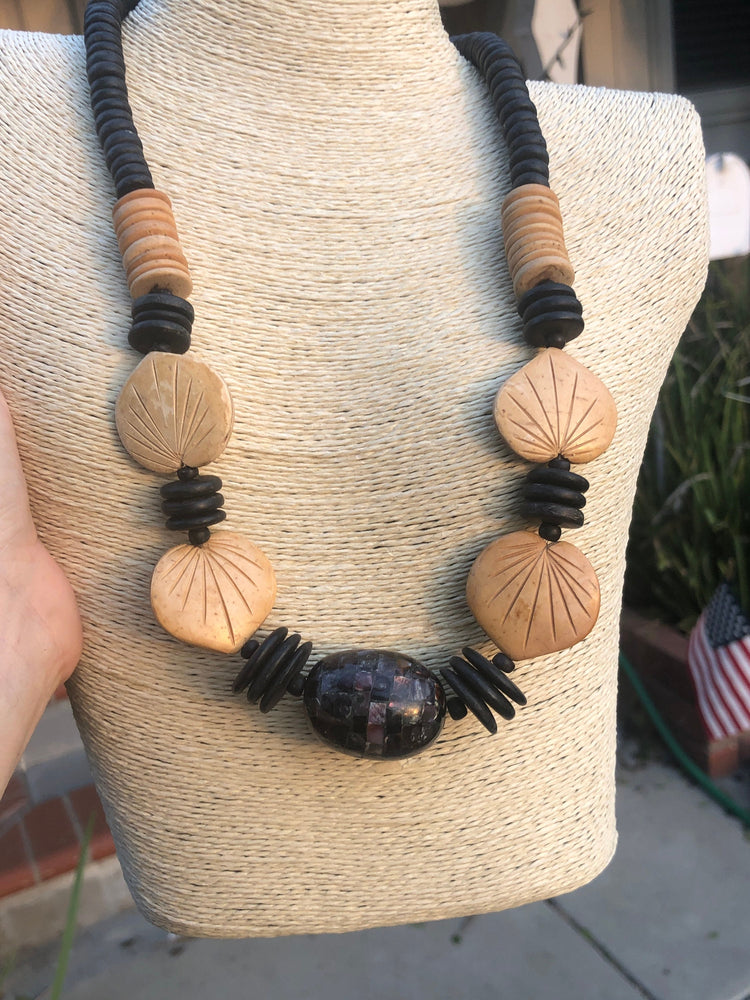 Unusual Beautiful Vintage Carved Wooden Leaf Beads And Huge Mosaic Tile Barrel Bead made of Shell
