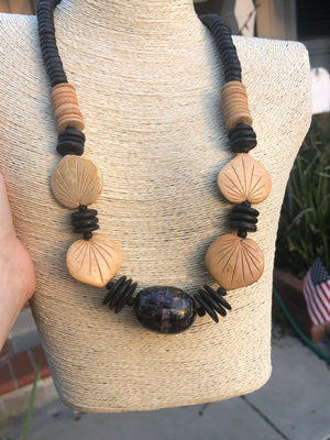 Unusual Beautiful Vintage Carved Wooden Leaf Beads And Huge Mosaic Tile Barrel Bead made of Shell