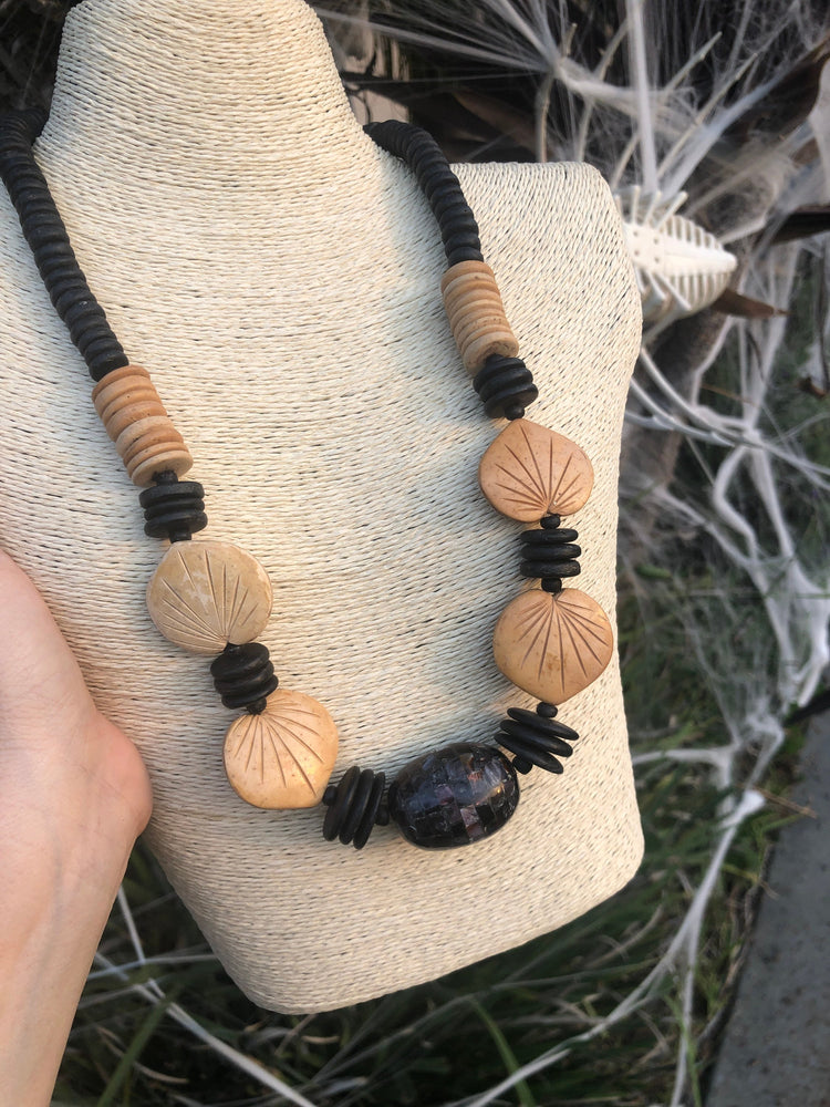 Unusual Beautiful Vintage Carved Wooden Leaf Beads And Huge Mosaic Tile Barrel Bead made of Shell