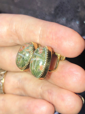 Antique vintage Burt Cassell unikite gemstone Scarab beetle screw back earrings beautiful gold filled 12kt gf Yellow gold filled