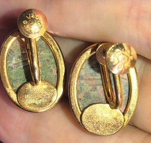 Antique vintage Burt Cassell unikite gemstone Scarab beetle screw back earrings beautiful gold filled 12kt gf Yellow gold filled