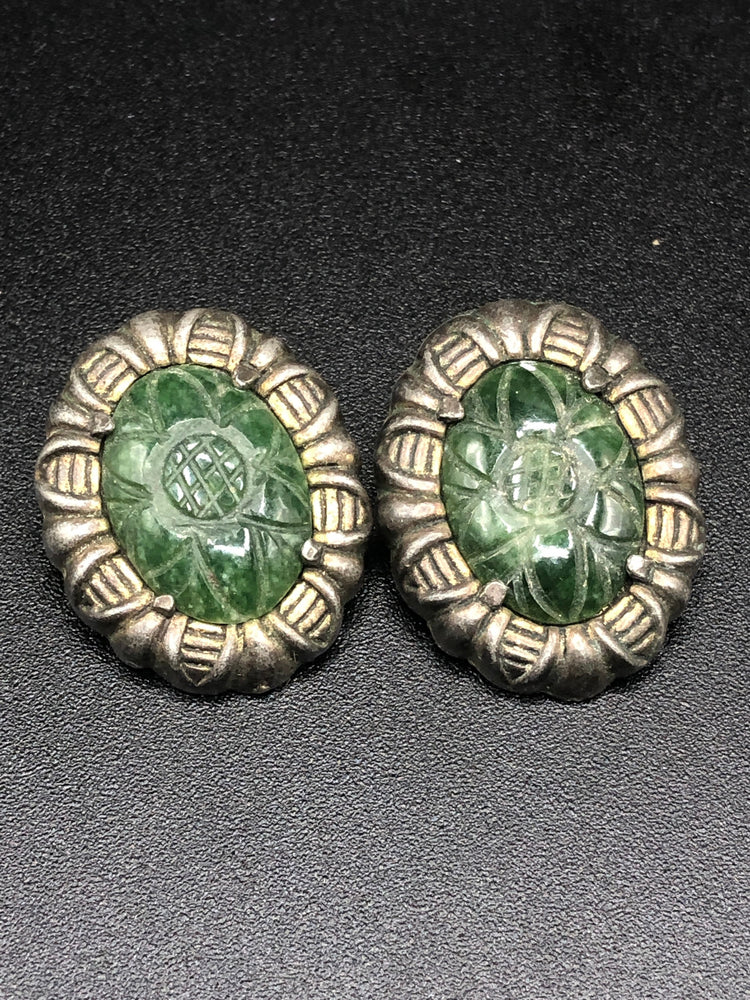 Stunning Antique Vintage Carved Nephrite Jade Cabochons Link Bracelet and Clip on Earrings Unique