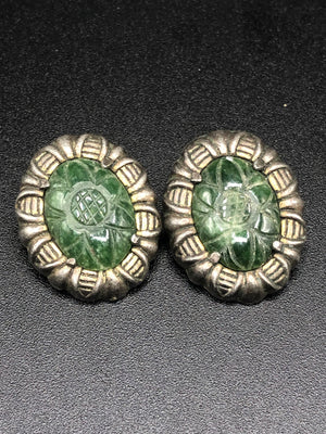 Stunning Antique Vintage Carved Nephrite Jade Cabochons Link Bracelet and Clip on Earrings Unique