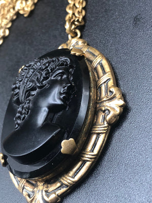 antique art deco black molded glass cameo lady  gold filled chain pendant necklace beautiful piece Victorian revival
