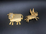 Cows cows cows! Cute cows goldtone Lot of 2 brooches One has articulated moving legs other is angel with wings + halo Designer JJ